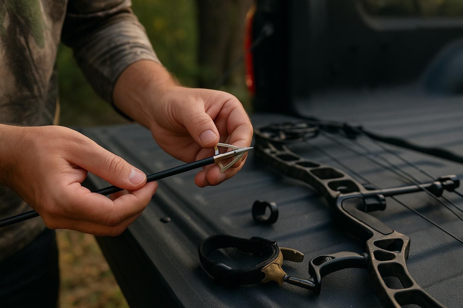 Archer checking bow and arrow equipment beside a wooded Western Kentucky hunting setup